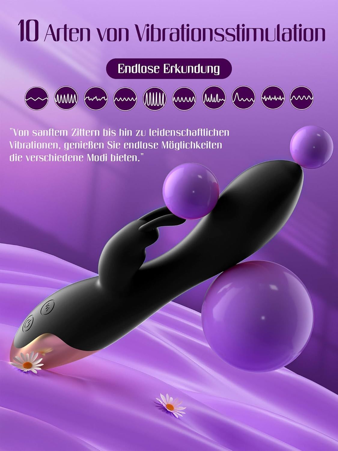 Vibrateur G-spot noir avec 10 modes de vibration, présenté avec des sphères violettes.