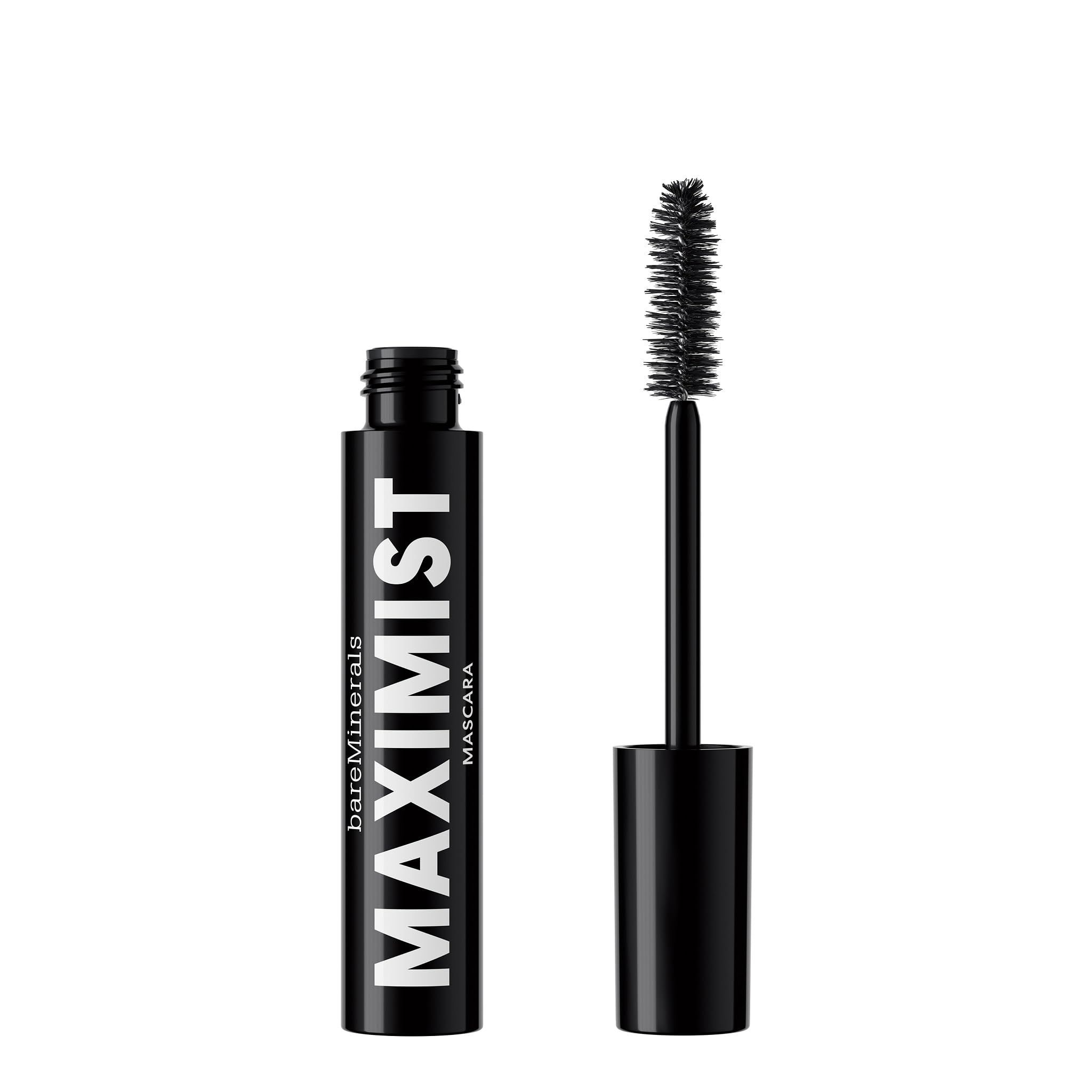 Tube de mascara noir avec lettrage blanc MAXIMIST. Marque BareMinerals. Brosse visible.