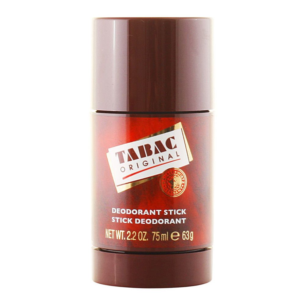 Stick déodorant. Emballage marron avec étiquette rouge. Texte: Tabac Original, Deodorant Stick, 75ml, 63g.