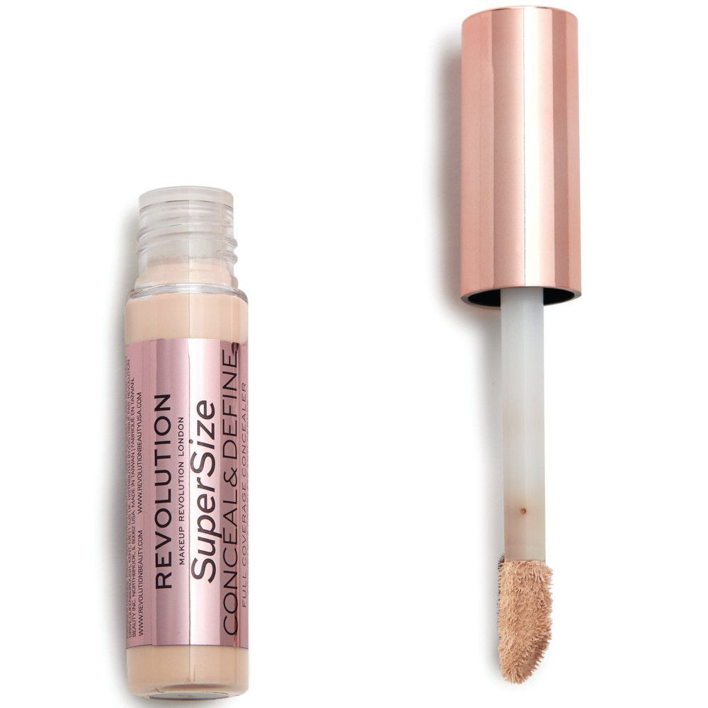 Flacon de correcteur et applicateur. Inscription: Super Size Conceal & Define. Bouchon rose doré.
