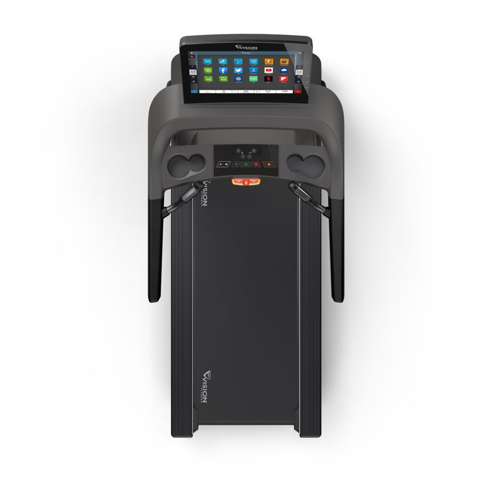 Vue de dessus du tapis de course. Console avec écran tactile. Logo Vision Fitness. Poignées.