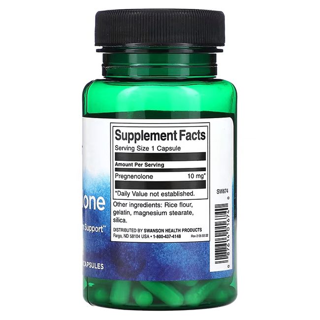 Groene fles met pregnenolon capsules. Achterkant met voedingswaarde. 10 mg per portie. Ingrediënten: rijstmeel, gelatine, magnesiumstearaat, silica.