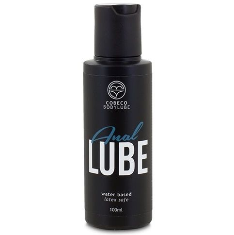 Flacon noir de Cobeco Anal Lube, à base d'eau, compatible latex. 100ml.
