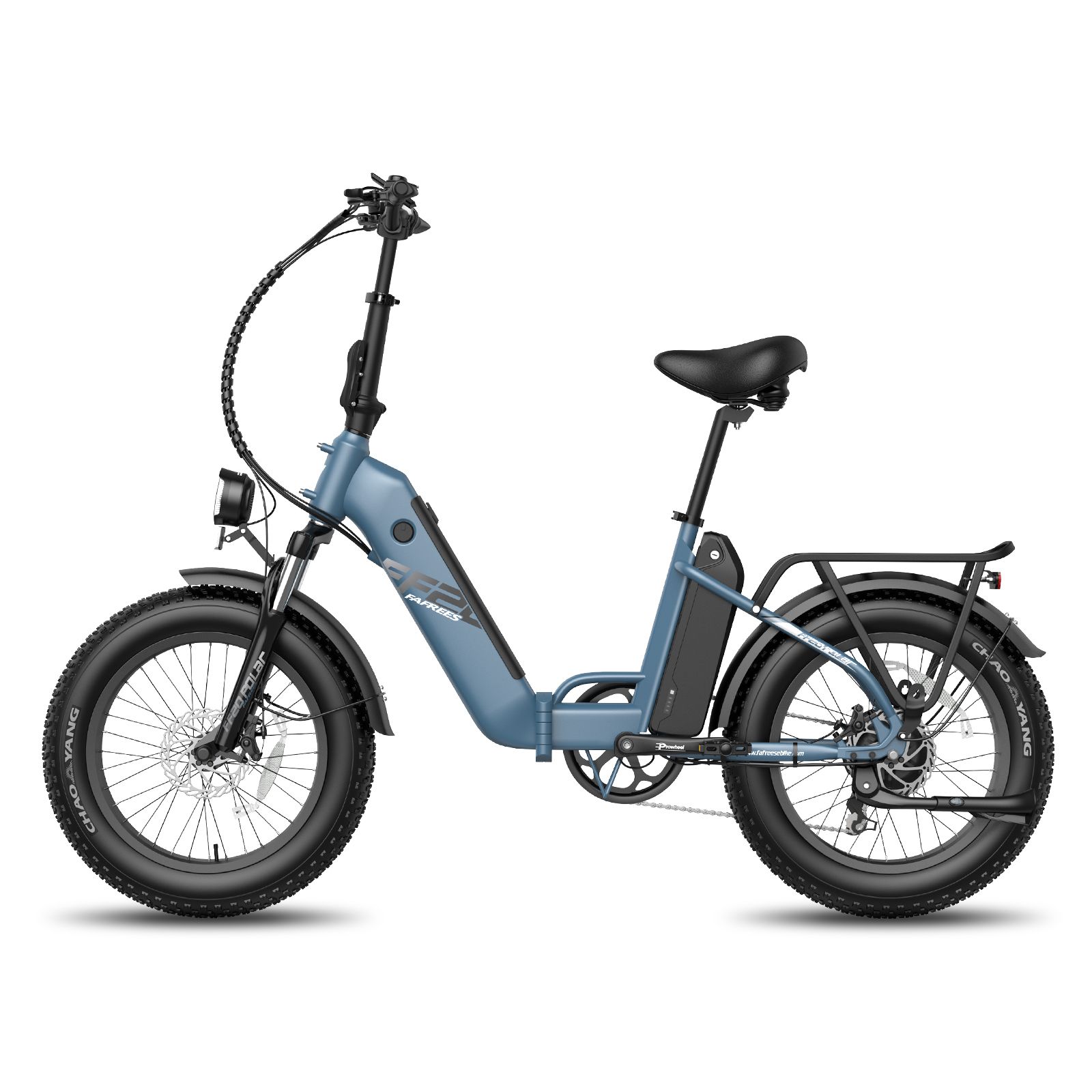 Blauwe opvouwbare e-bike. Zwarte banden, zadel en bagagedrager. Koplamp. Merk Fafrees.