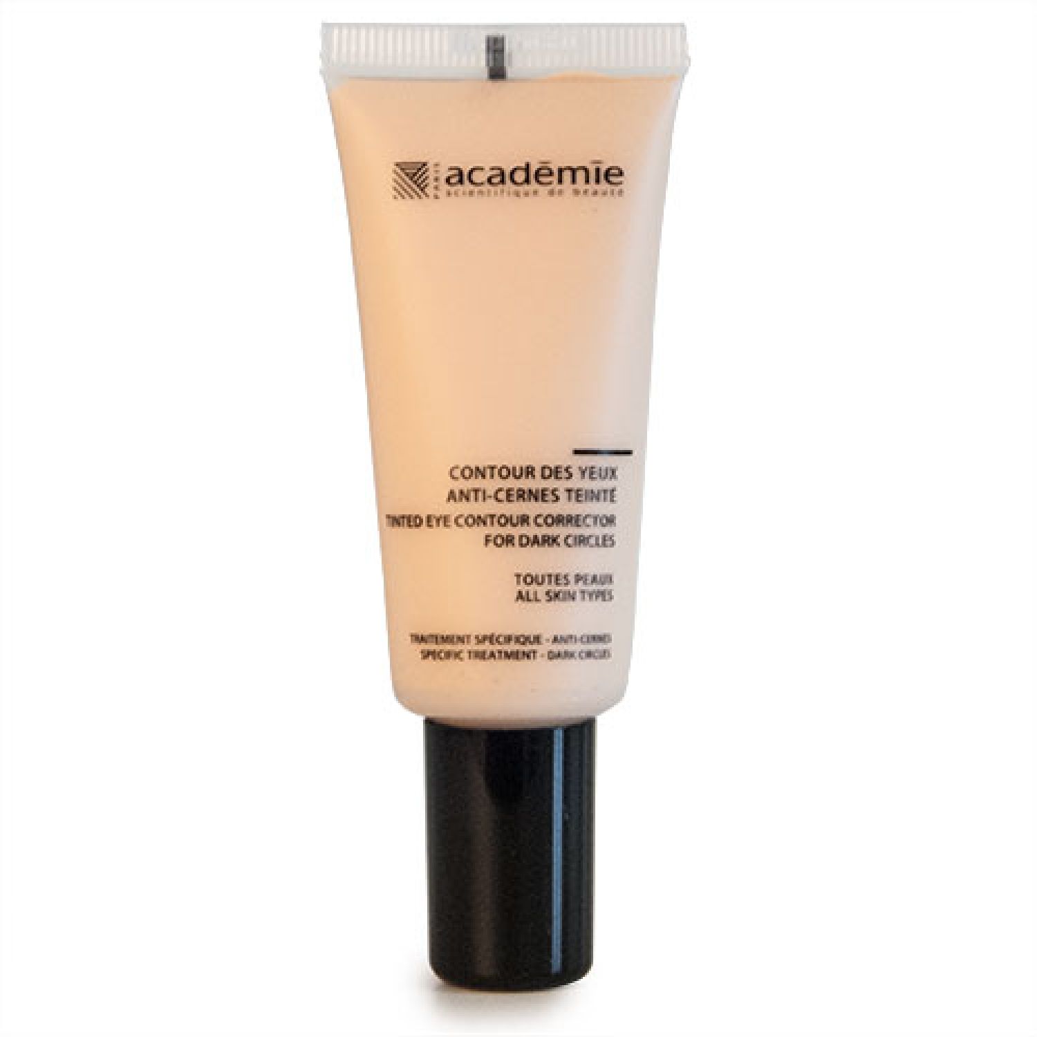 Tube de crème avec bouchon noir. Inscription : Académie, Contour des Yeux Anti-Cernes Teinté, pour cernes. Pour tous types de peau.