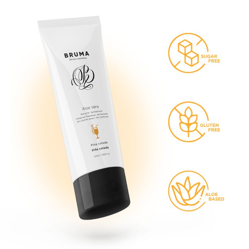 Bruma glijmiddel Aloe Vera Pina Colada met symbolen voor suikervrij, glutenvrij, op aloë gebaseerd.