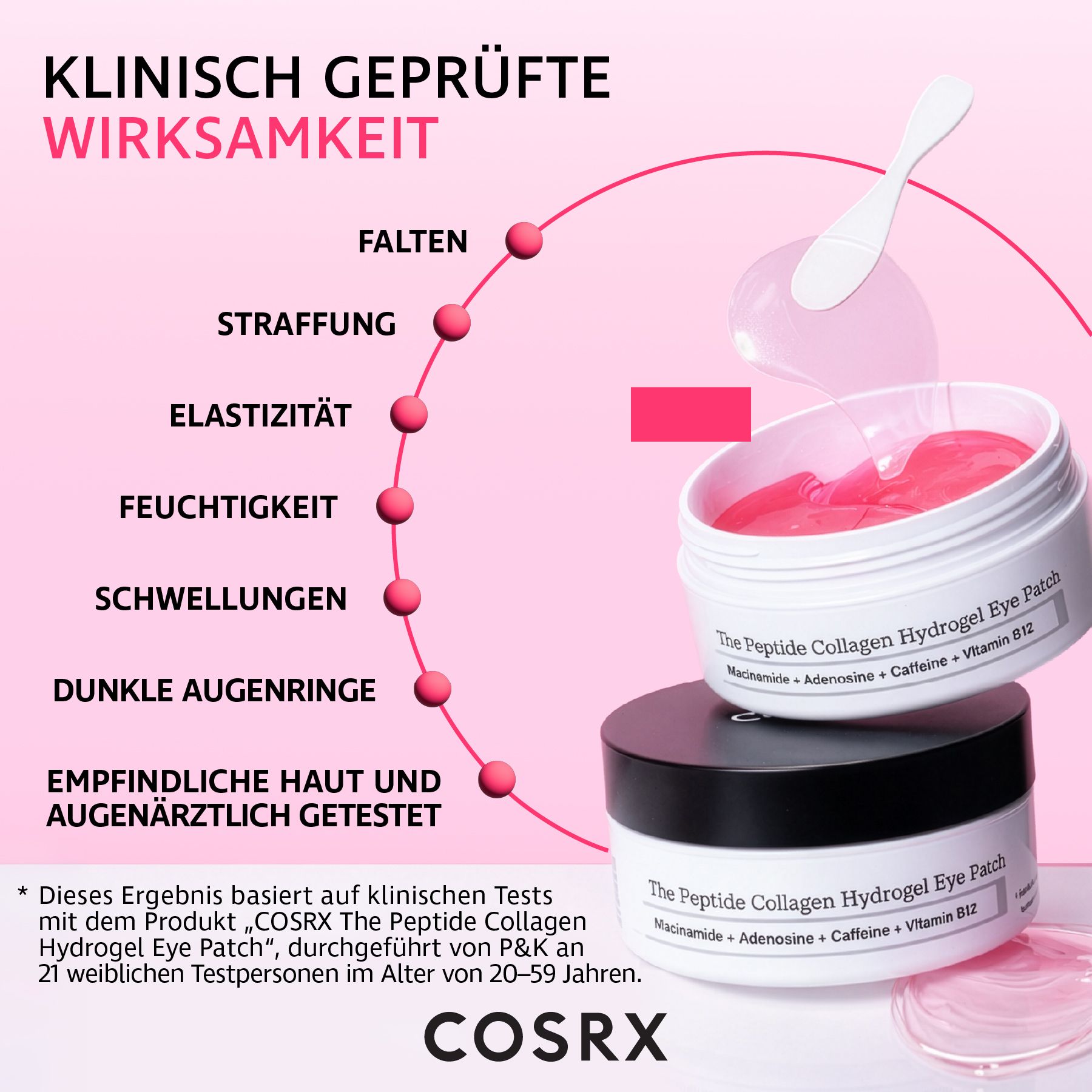 COSRX Oogpads: Pot met roze hydrogel pads en deksel omhoog.