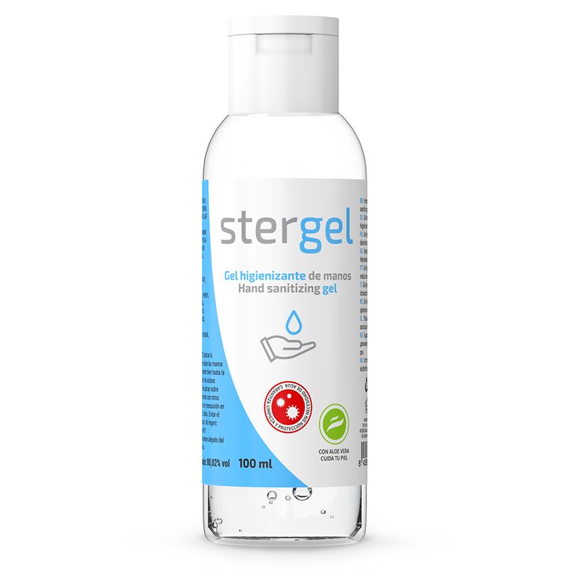 Stergel handdesinfecterende gel in een doorzichtige fles met witte fliptopdop.
