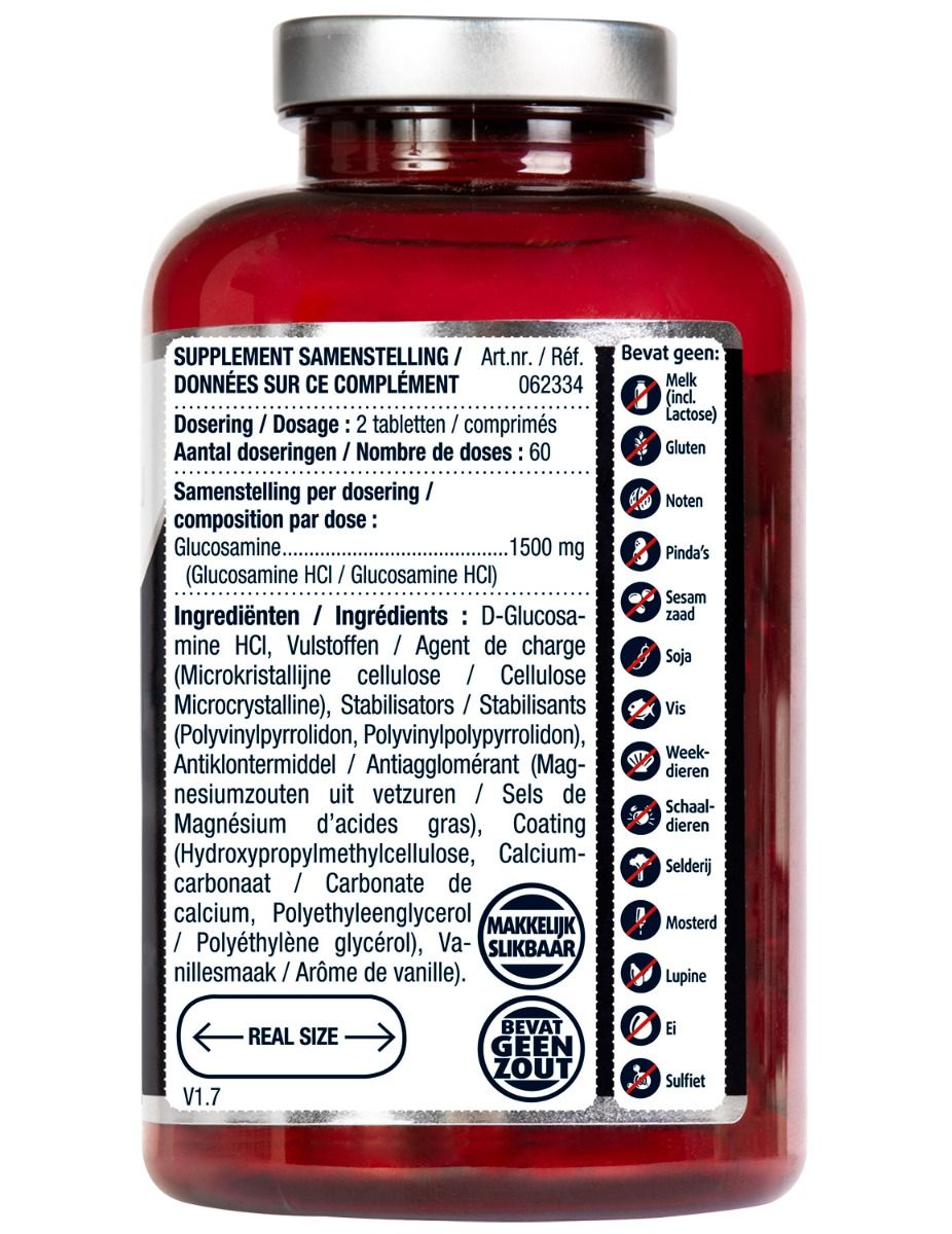 Achterkant rode fles. Etiket met ingrediënten en voedingswaarde. Bevat allergenen informatie.