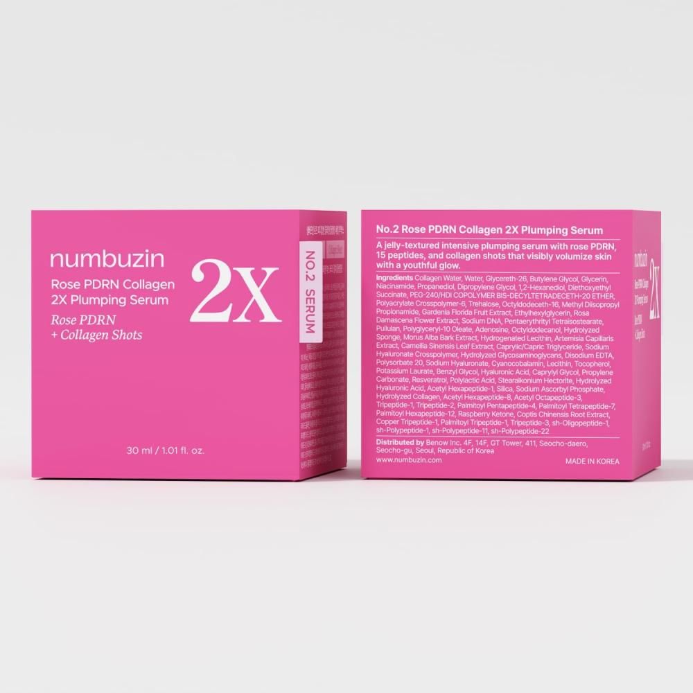 Voor- en achterkant van de NUMBUZIN Nr.2 Rose PDRN Collagen 2X Plumping Serum verpakking.