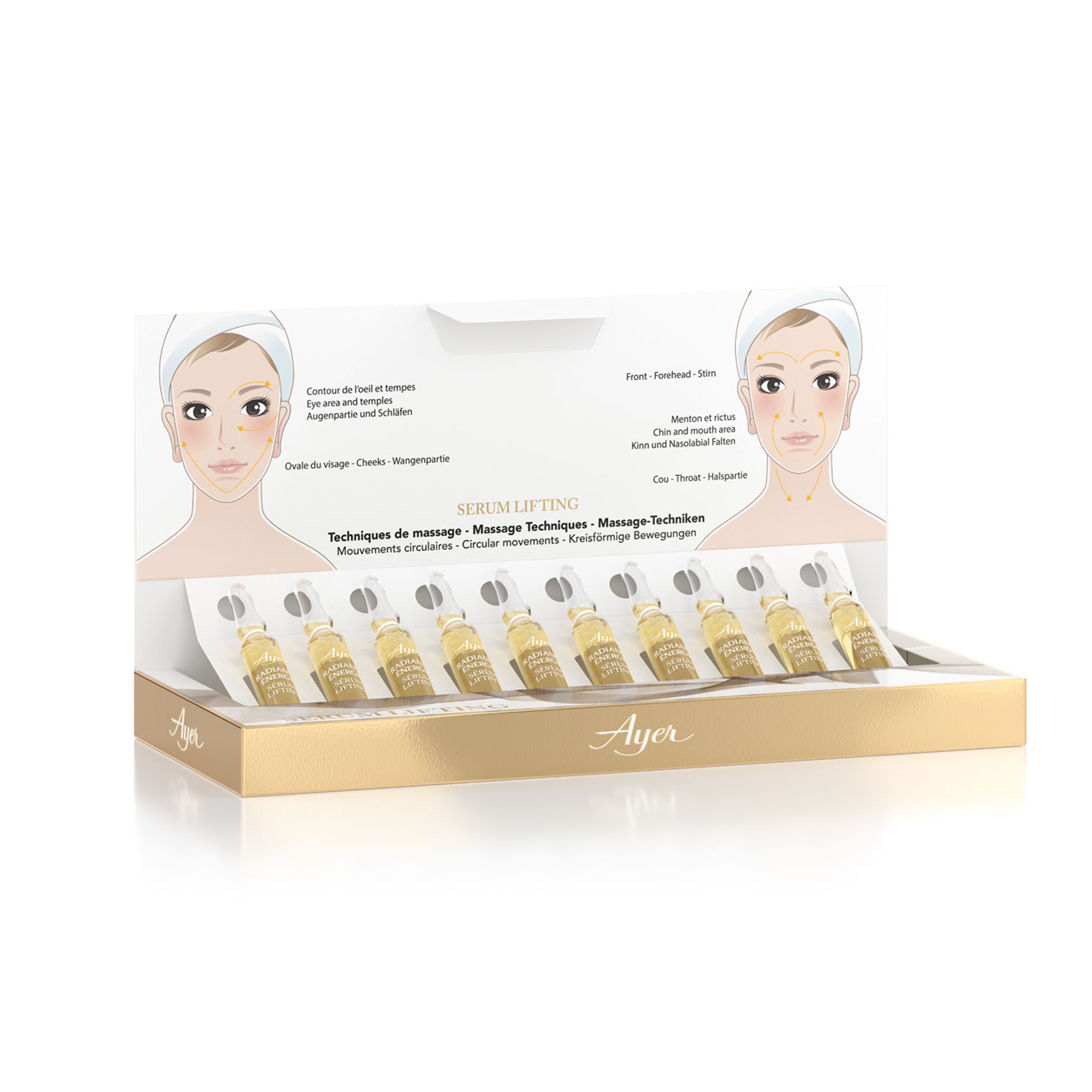 Verpakking met ampullen. Opschrift: Ayer, Serum Lifting. Illustratie: gezicht met massagepunten.