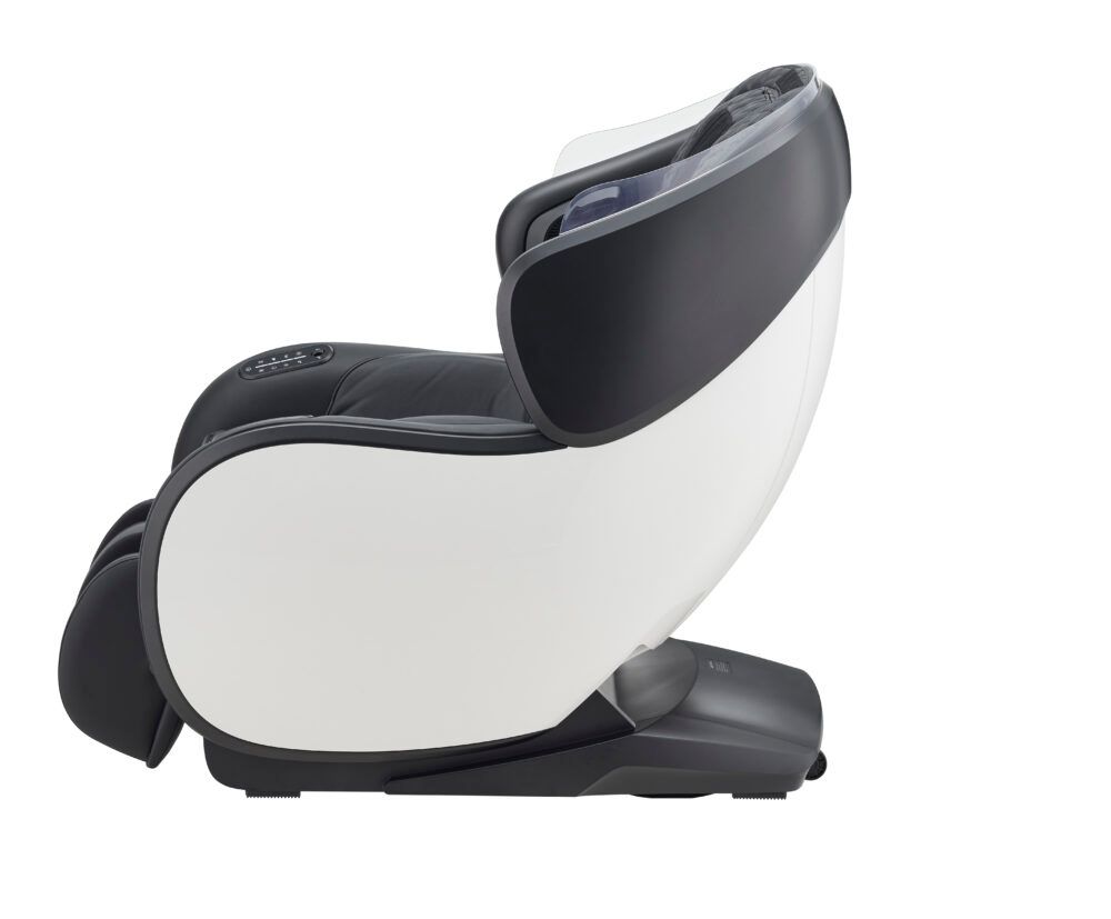 Fauteuil de massage blanc et noir. Vue latérale. Panneaux latéraux blancs, assise noire. Forme arrondie.