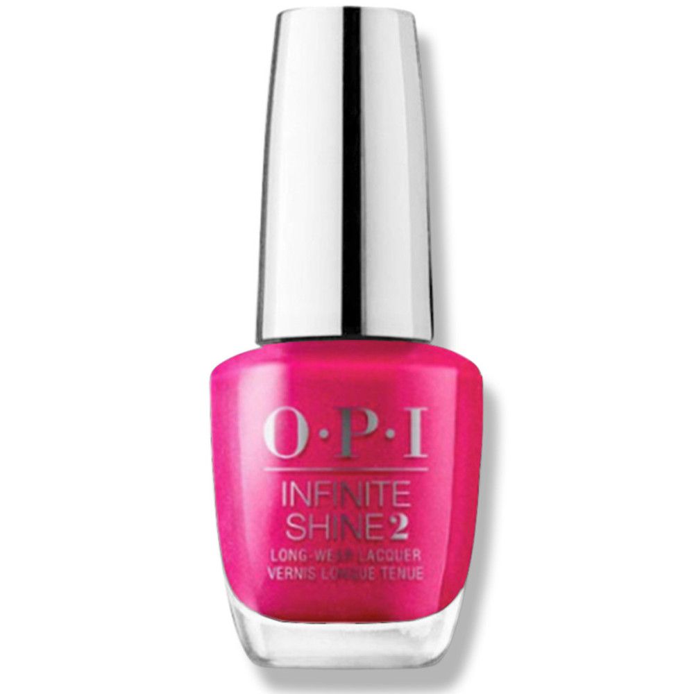 Flacon de vernis à ongles OPI Infinite Shine. Couleur rose, bouchon argenté. Texte: Infinite Shine 2, Long-Wear Lacquer.