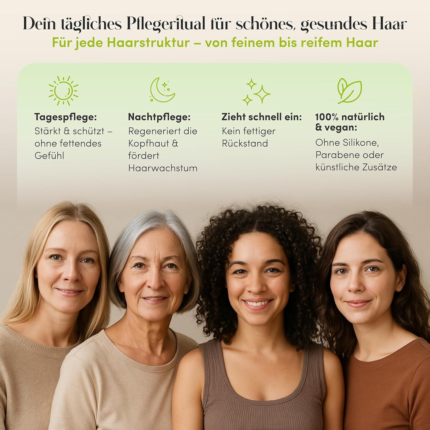 Quatre femmes d'âges différents. Texte: Votre rituel de soin quotidien. 100% naturel et végétalien. Sans silicones, parabènes.