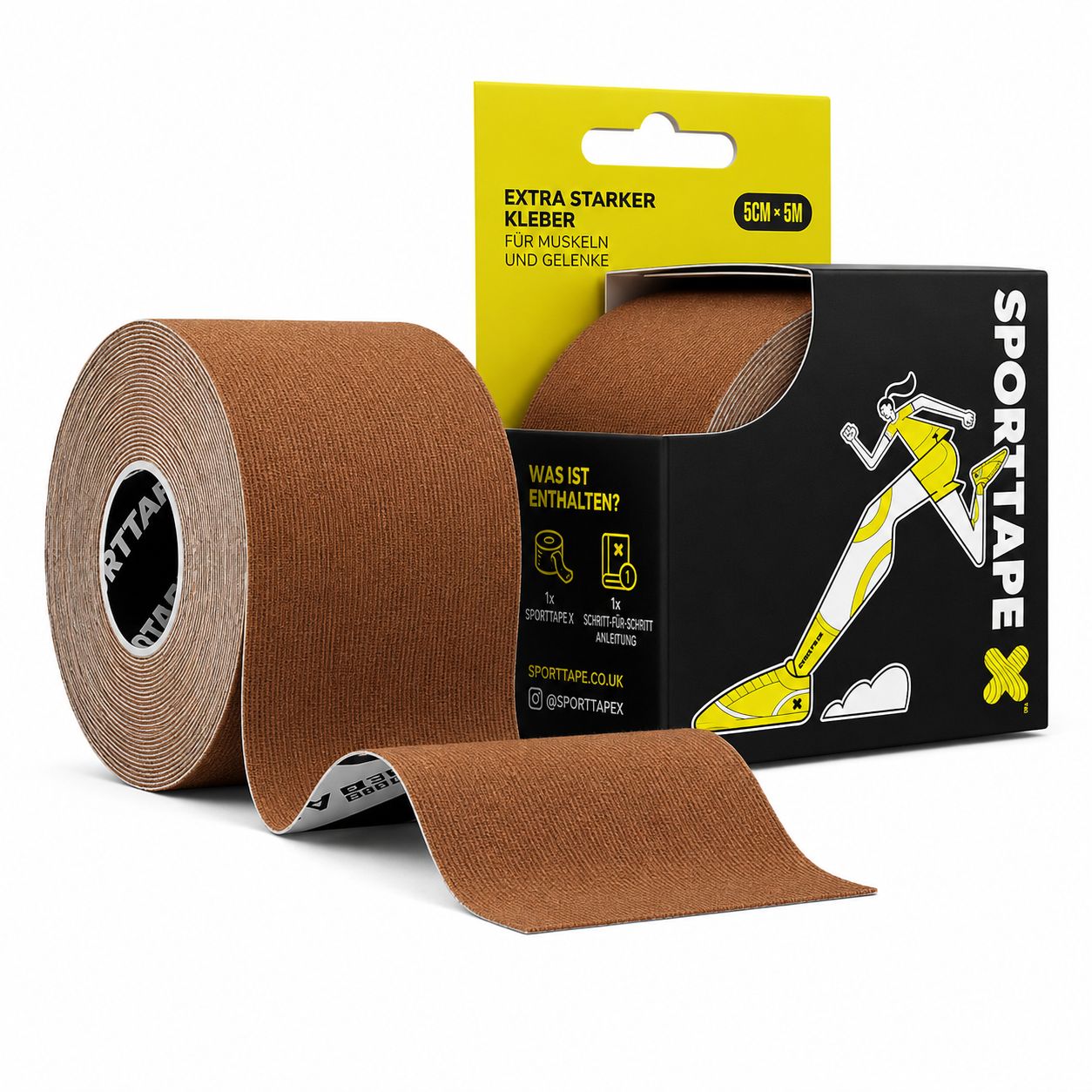 Rouleau et emballage de bande de kinésiologie SPORTTAPE, 5cm x 5m, Marron.