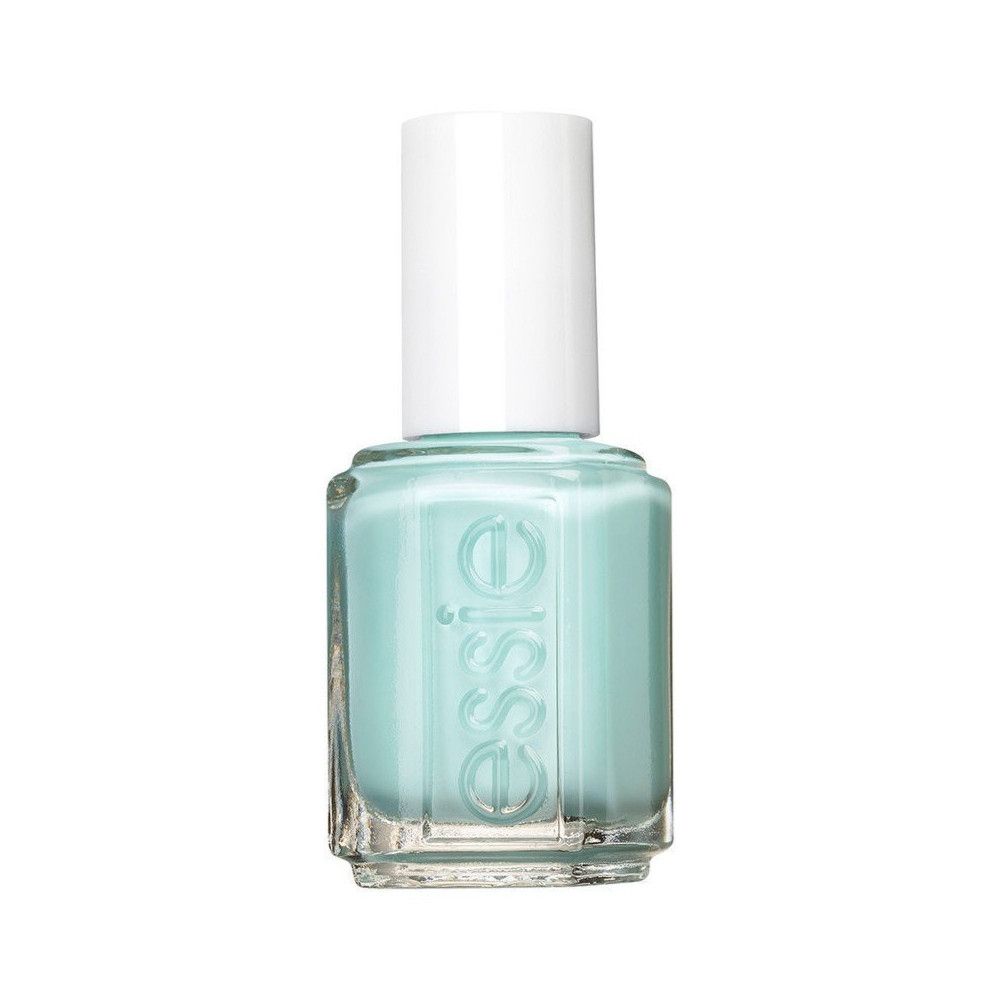 Nagellakfles, pastelblauw. Vierkante glazen fles met witte dop. Merk Essie.