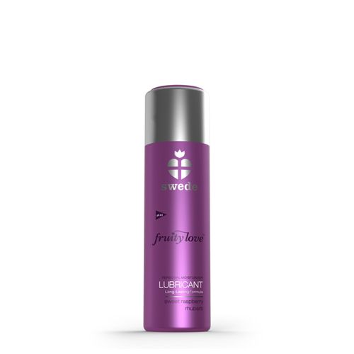 Bouteille violette avec bouchon argenté, lubrifiant 'swede fruity love'.