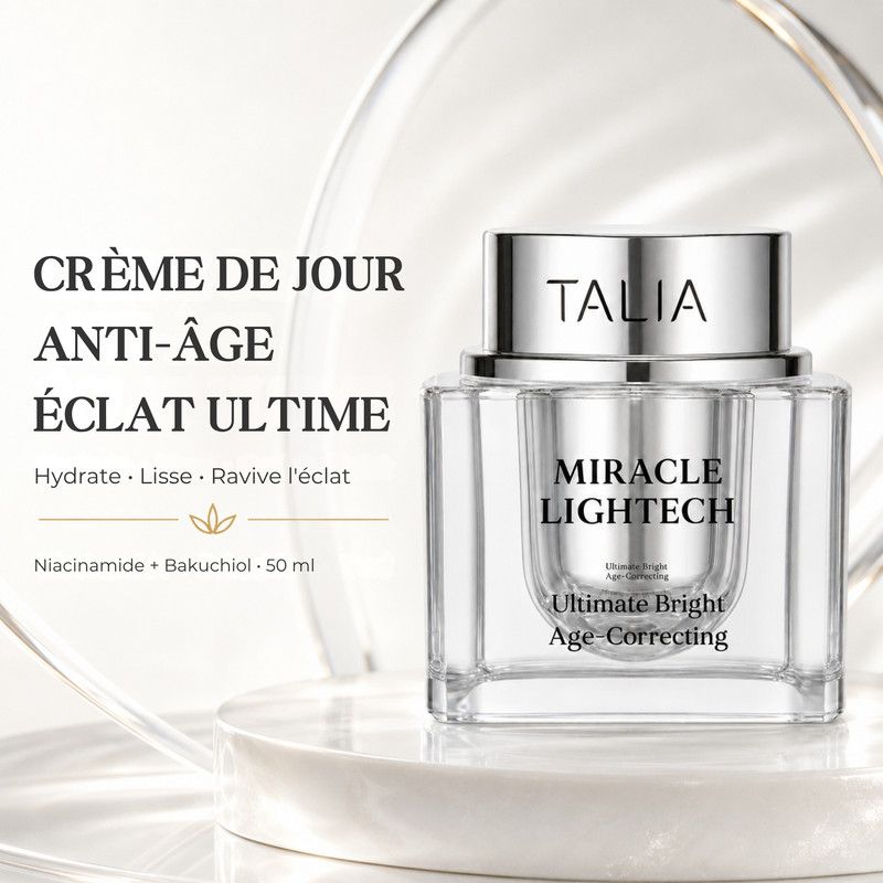 Étapes d'application de la crème Talia Miracle Lightech Age Correcting : prélever, appliquer, répartir.