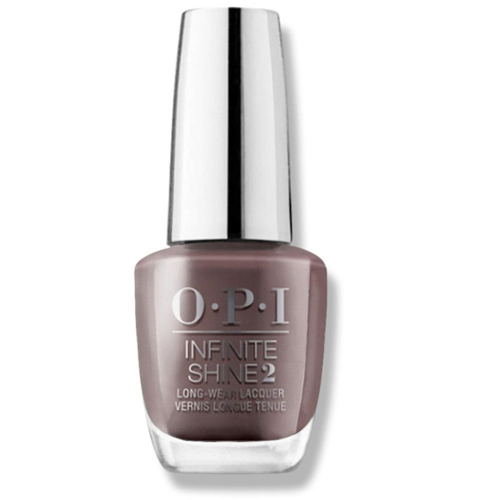 Vernis à ongles OPI Infinite Shine 2. Flacon avec bouchon argenté. Couleur gris-brun, texte blanc.