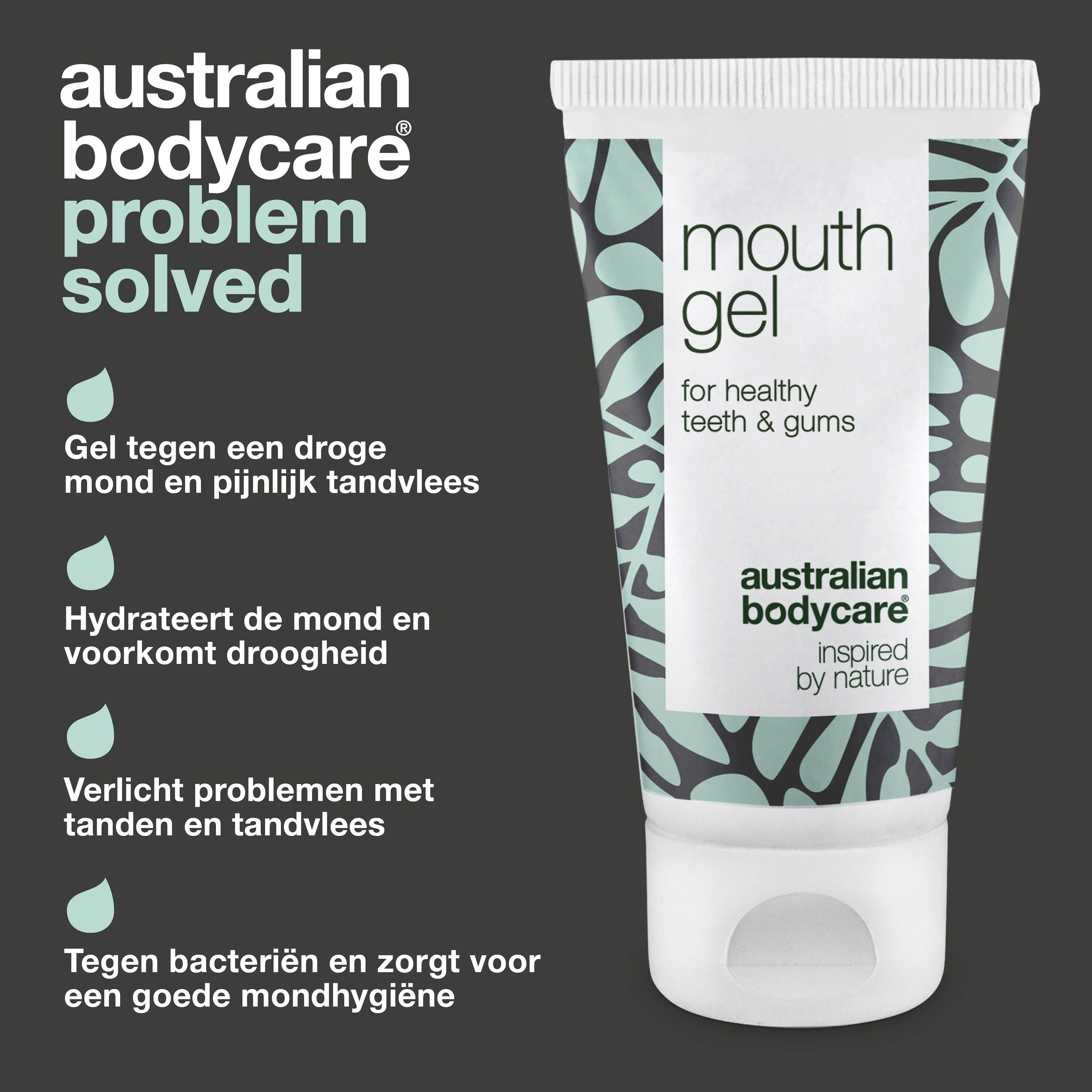 Reclamebeeld: mondgel-tube. Tekst: mouth gel, for healthy teeth & gums, Australian Bodycare.