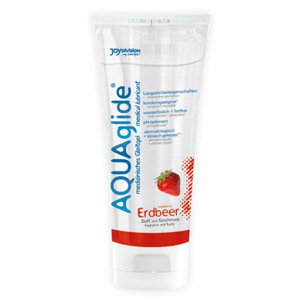 Lubrifiant médical en tube. Inscription AQUAglide, Fraise. Illustration de fraise. Propriétés lubrifiantes longue durée, compatible préservatif.