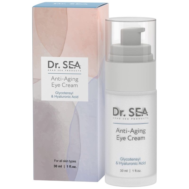 Oogcrèmefles met dispenser en doos. Opschrift: Dr. SEA, Anti-Aging Eye Cream, Glycotensyl & Hyaluronzuur.