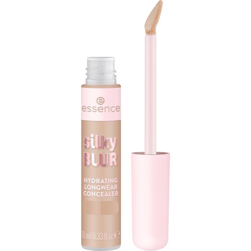 Concealer tube met roze dop en applicator. Opschrift: Silky Blur, Hydrating Longwear Concealer. Merk: Essence. Kleur: Beige.