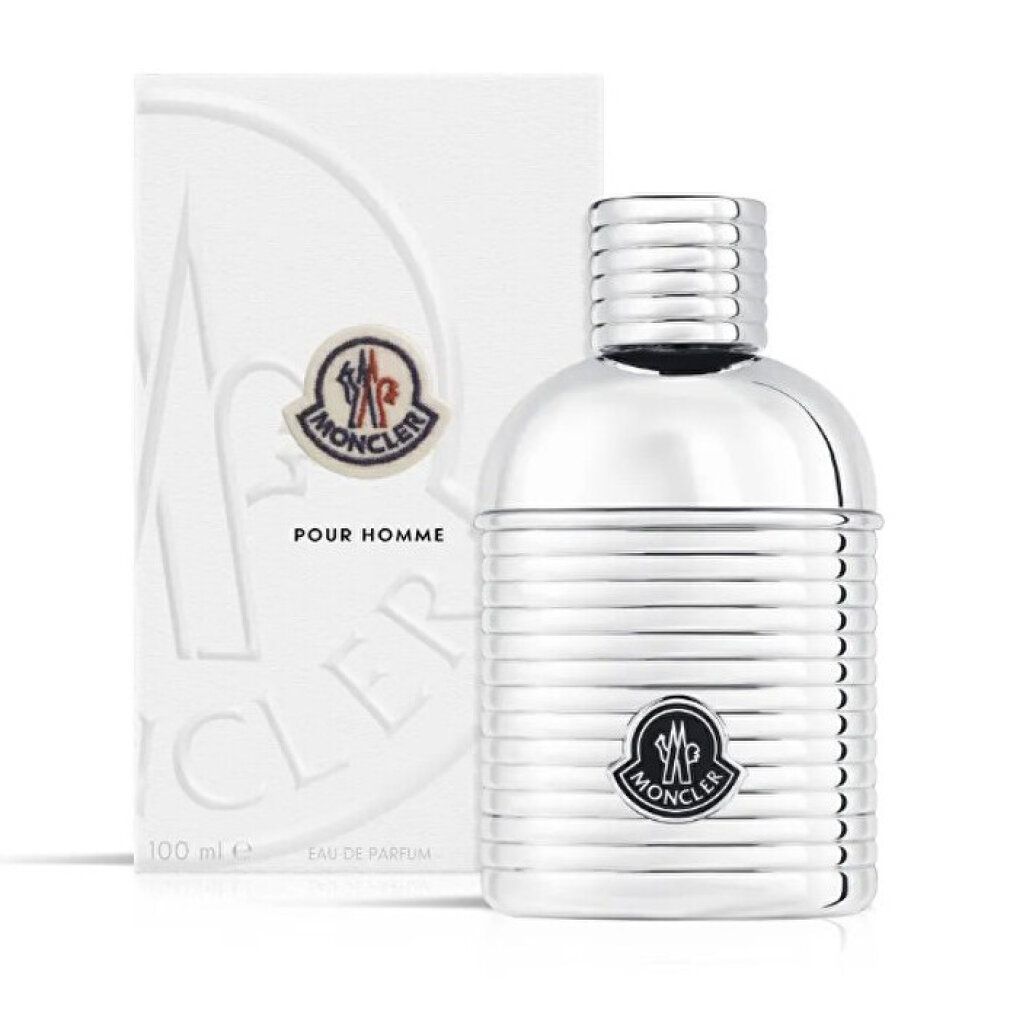 Flacon argenté et emballage. Moncler Pour Homme EDP. Logo et texte sur le flacon et l'emballage.