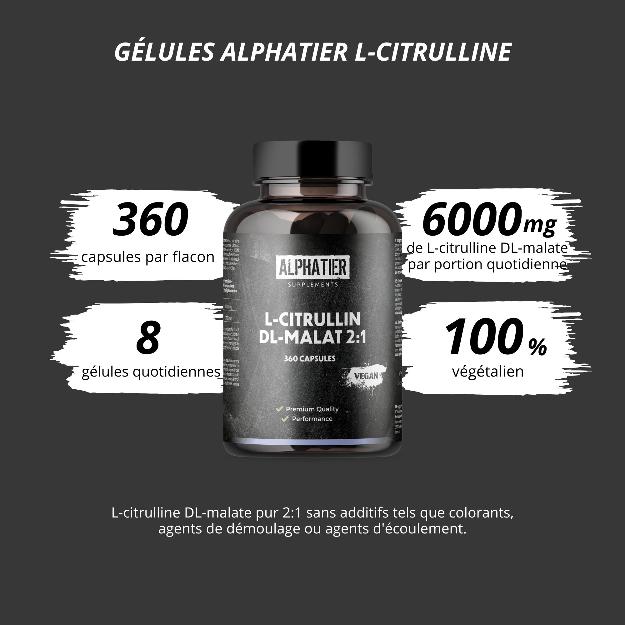 Graphique avec flacon et texte. 360 gélules par flacon, 8 gélules par jour, 6000mg L-Citrulline DL-malate, 100% végétalien.