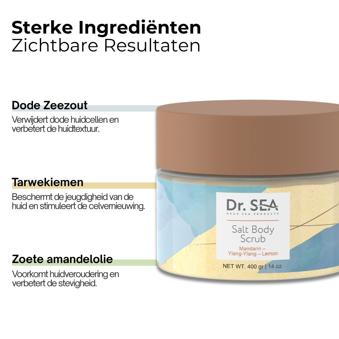 Pot bodyscrub met info. Tekst: Dode Zeezout, Tarwekiemen, Zoete amandelolie.