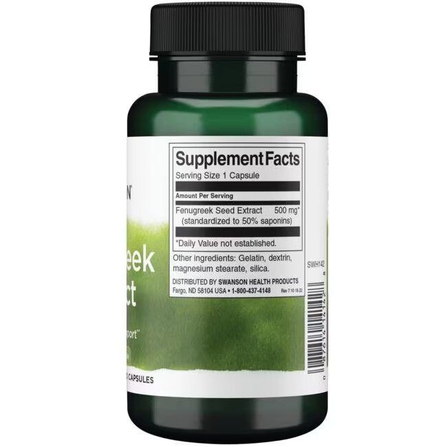 Dos du flacon vert. Étiquette blanche avec informations nutritionnelles. Contient de l'extrait de graines de fenugrec.