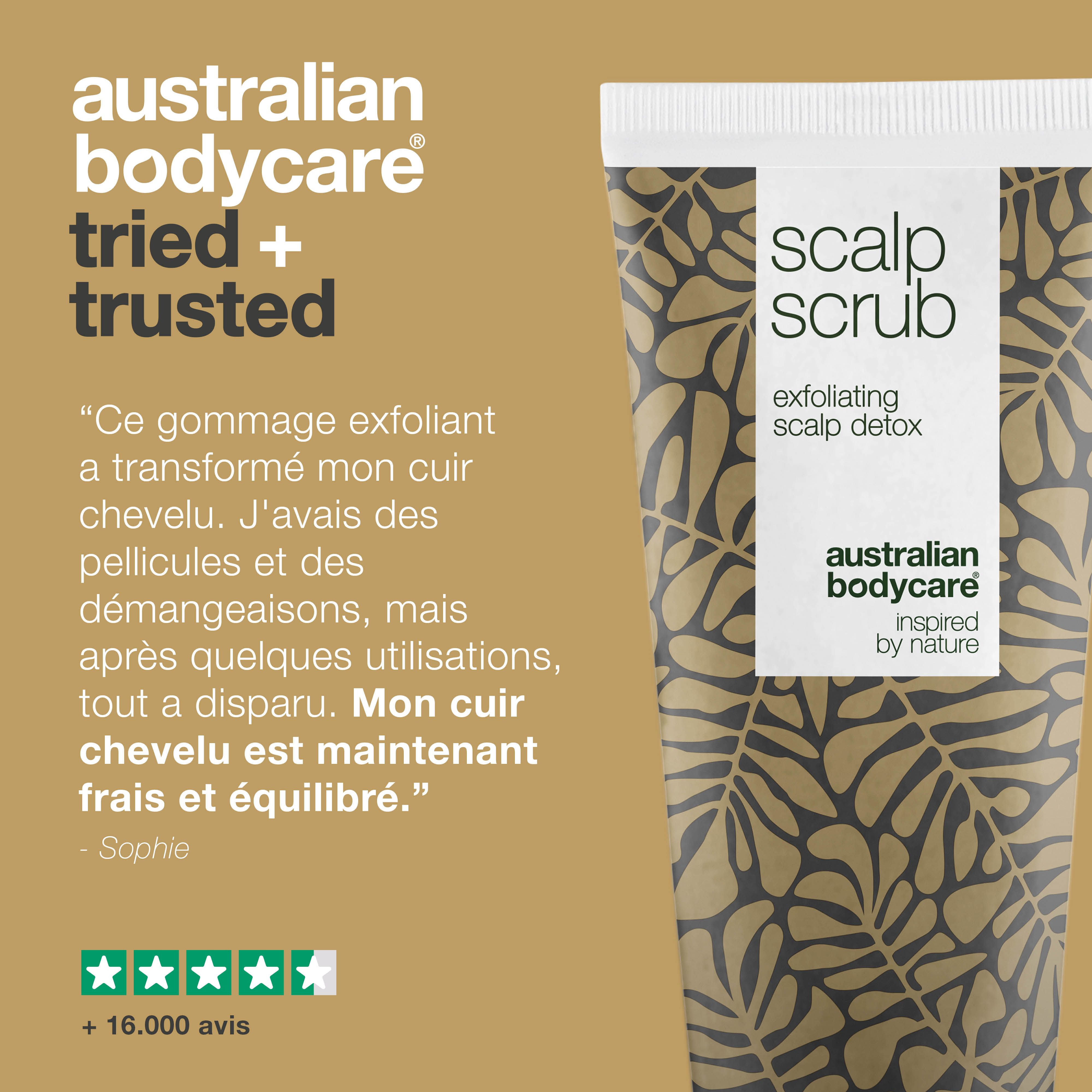 Tube de produit. Texte : Australian Bodycare tried + trusted. Citation et évaluation par étoiles.