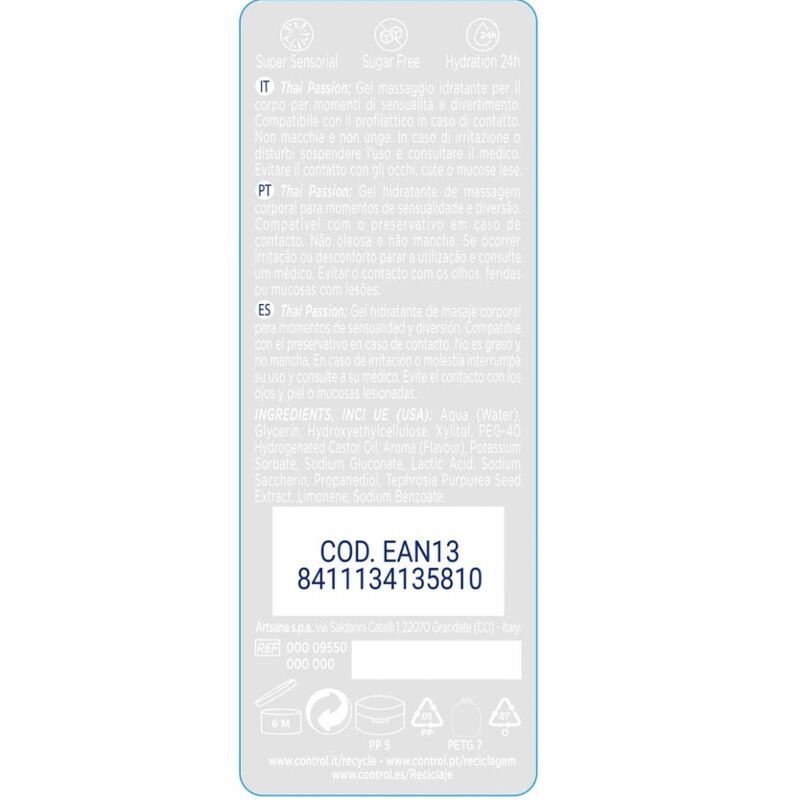 Productlabel met meertalige tekst. Bevat informatie over ingrediënten en certificeringen. EAN-code zichtbaar.