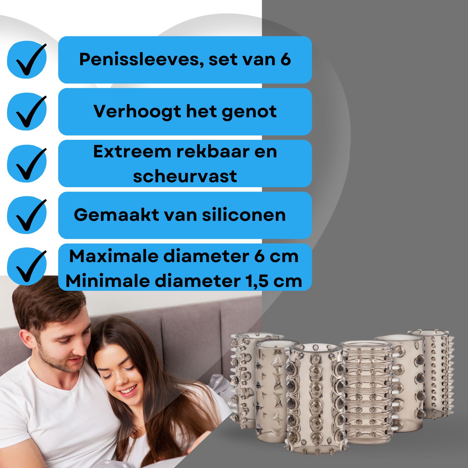 Productafbeelding met tekst: Penishoezen, set van 6, zeer rekbaar en scheurvast.