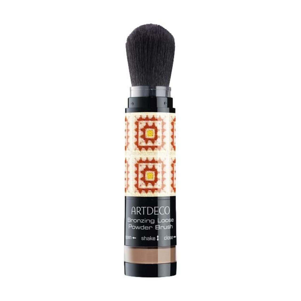 Poederkwast met zwarte borstelkop en bruine houder. Opschrift: ARTDECO Bronzing Loose Powder Brush.