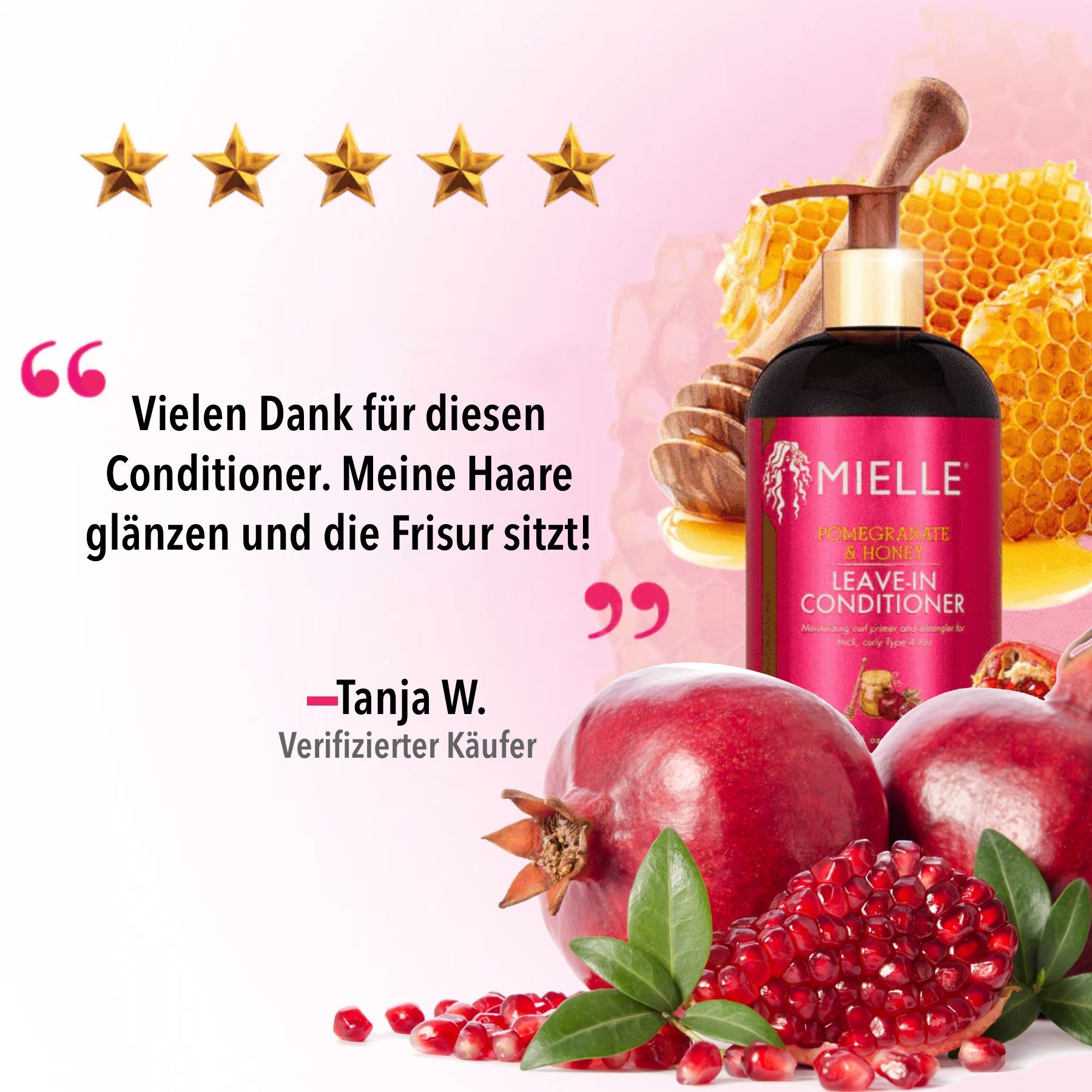 Mielle Organics Leave-in Conditioner. Flacon avec pompe. Pomegranate & Honey. Étoiles et citation.