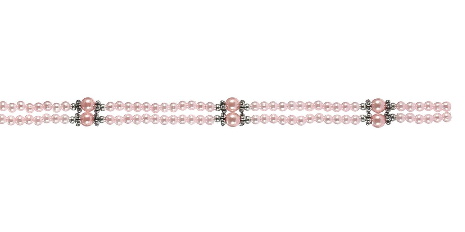 Dubbele brillenketting met roze parels en zilverkleurige verbindingsstukken.