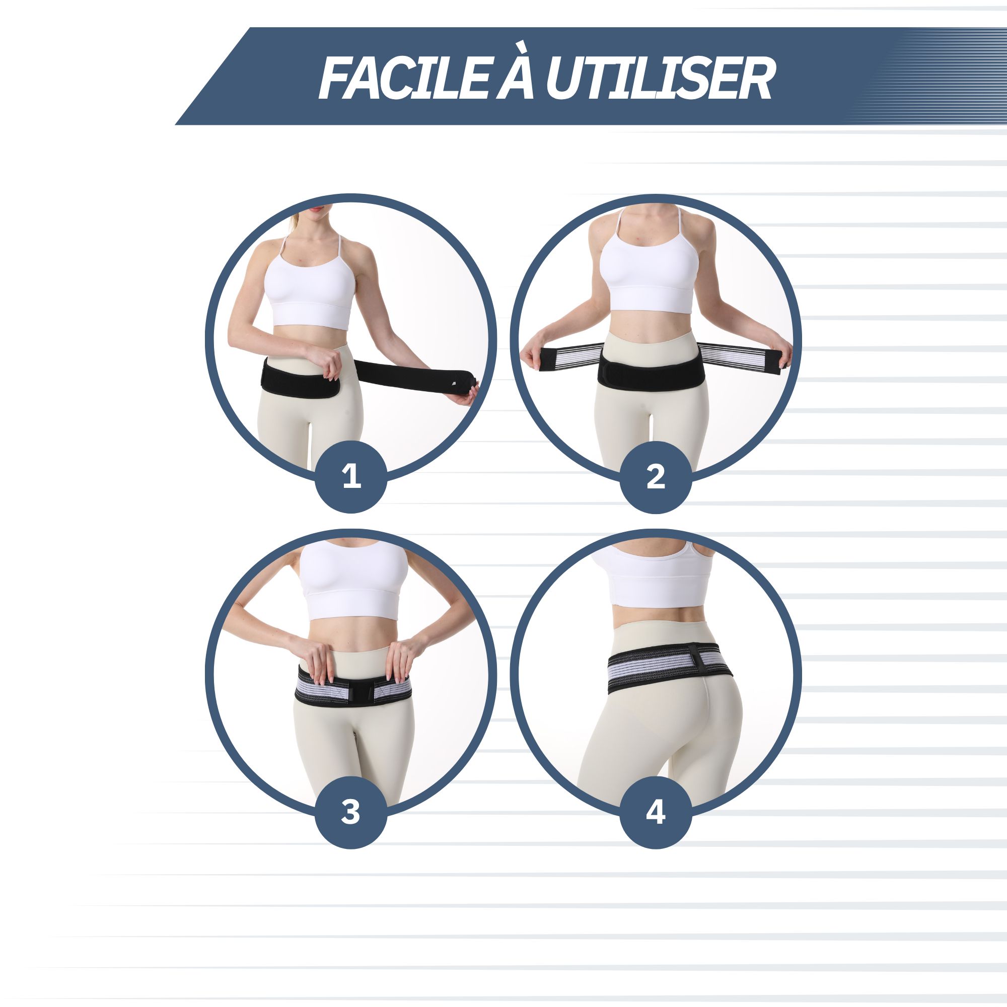 Instructions pour mettre une ceinture pelvienne en quatre étapes.
