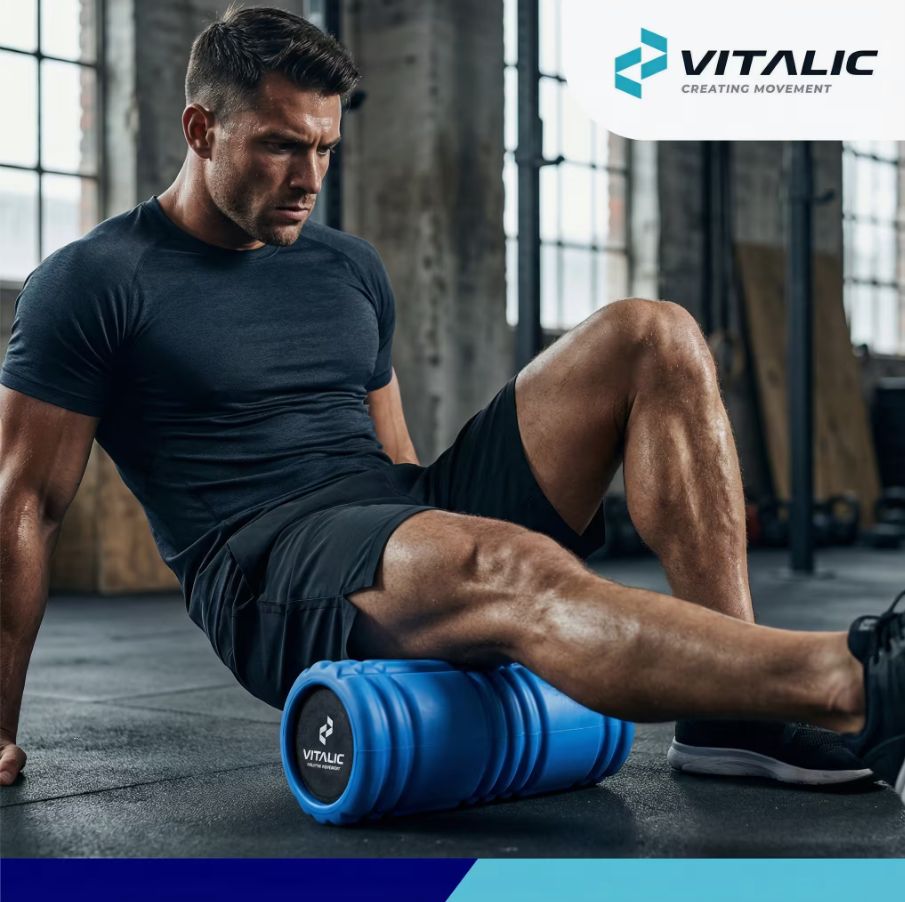 Homme assis, jambe sur rouleau de fascia bleu. Logo VITALIC. Environnement de salle de sport.