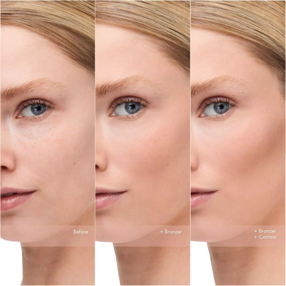 Gezicht van een vrouw voor en na het aanbrengen van bronzer en contour. Drie weergaven naast elkaar.