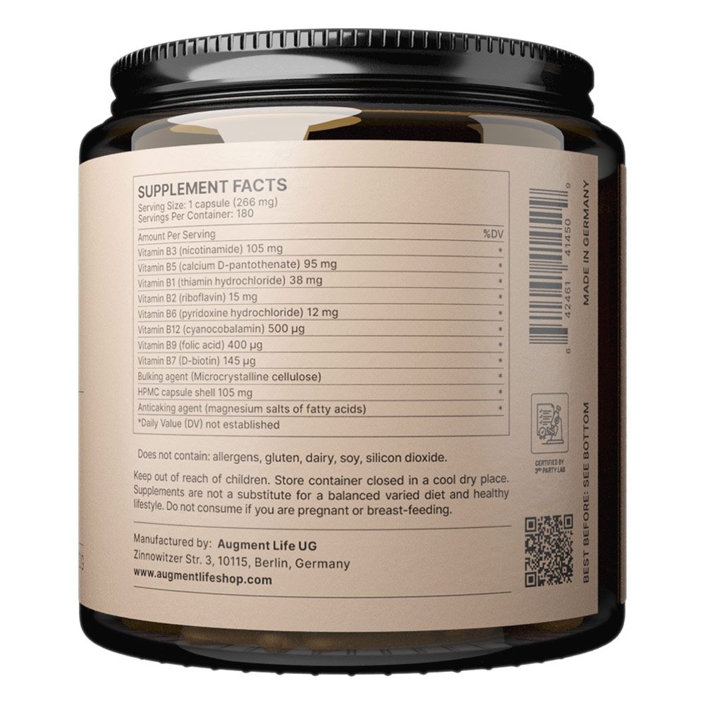 Étiquette de supplément nutritionnel avec informations sur les vitamines et ingrédients, fabricant et code-barres.