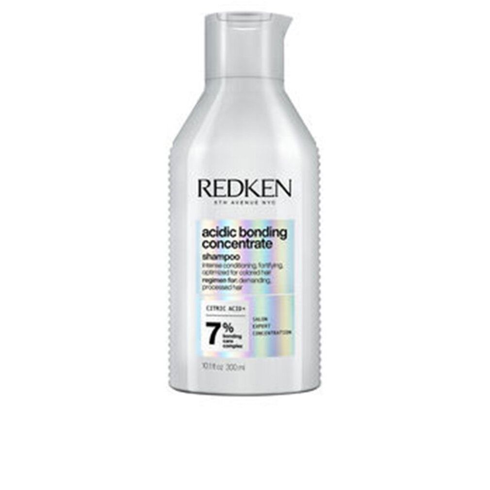 Witte shampoo fles REDKEN, acidic bonding concentrate. 7% bonding care complex. Holografische achtergrond.