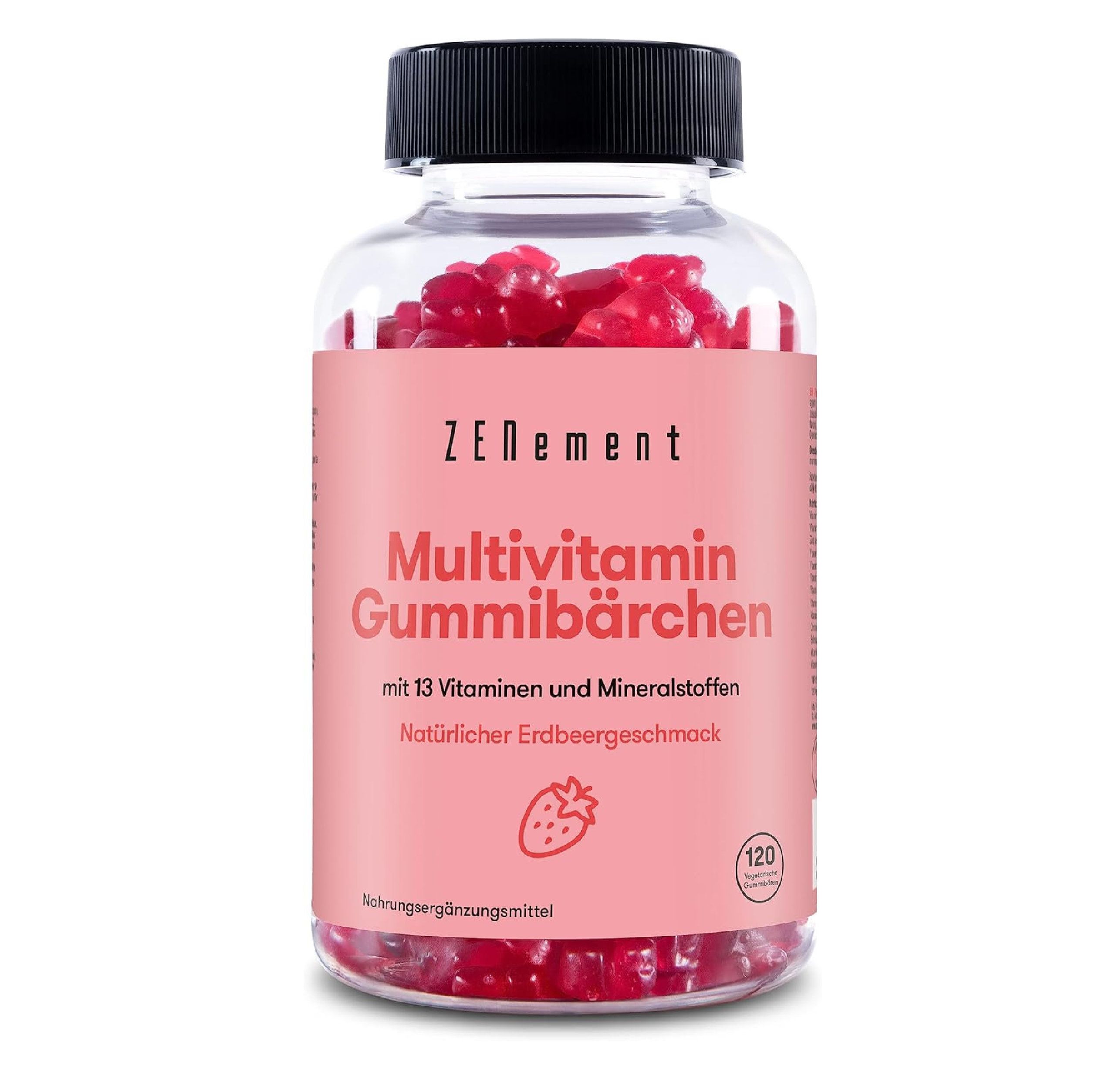 Flacon de gummies multivitamines Zenement. Inscription : Gummies multivitamines avec 13 vitamines et minéraux. Goût fraise. 120 pièces.