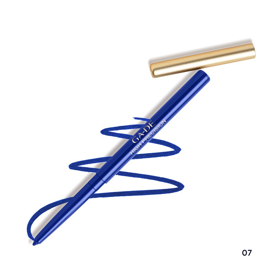 Blauwe eyeliner met gouden dop en streep. Opschrift: GA-DE High Precision.