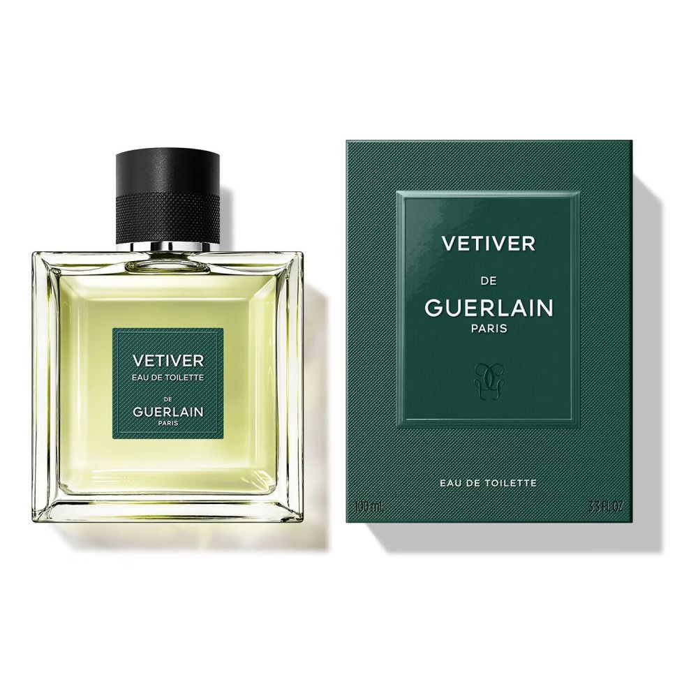 Flacon en verre et emballage. Flacon avec étiquette "VETIVER". Emballage avec "VETIVER" et "DE GUERLAIN PARIS".