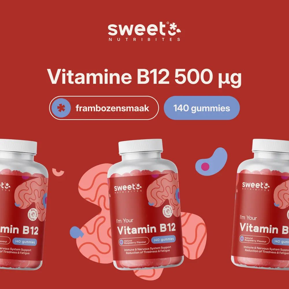 Drie flessen vitamine B12 500 µg. 140 gummies. Frambozensmaak.