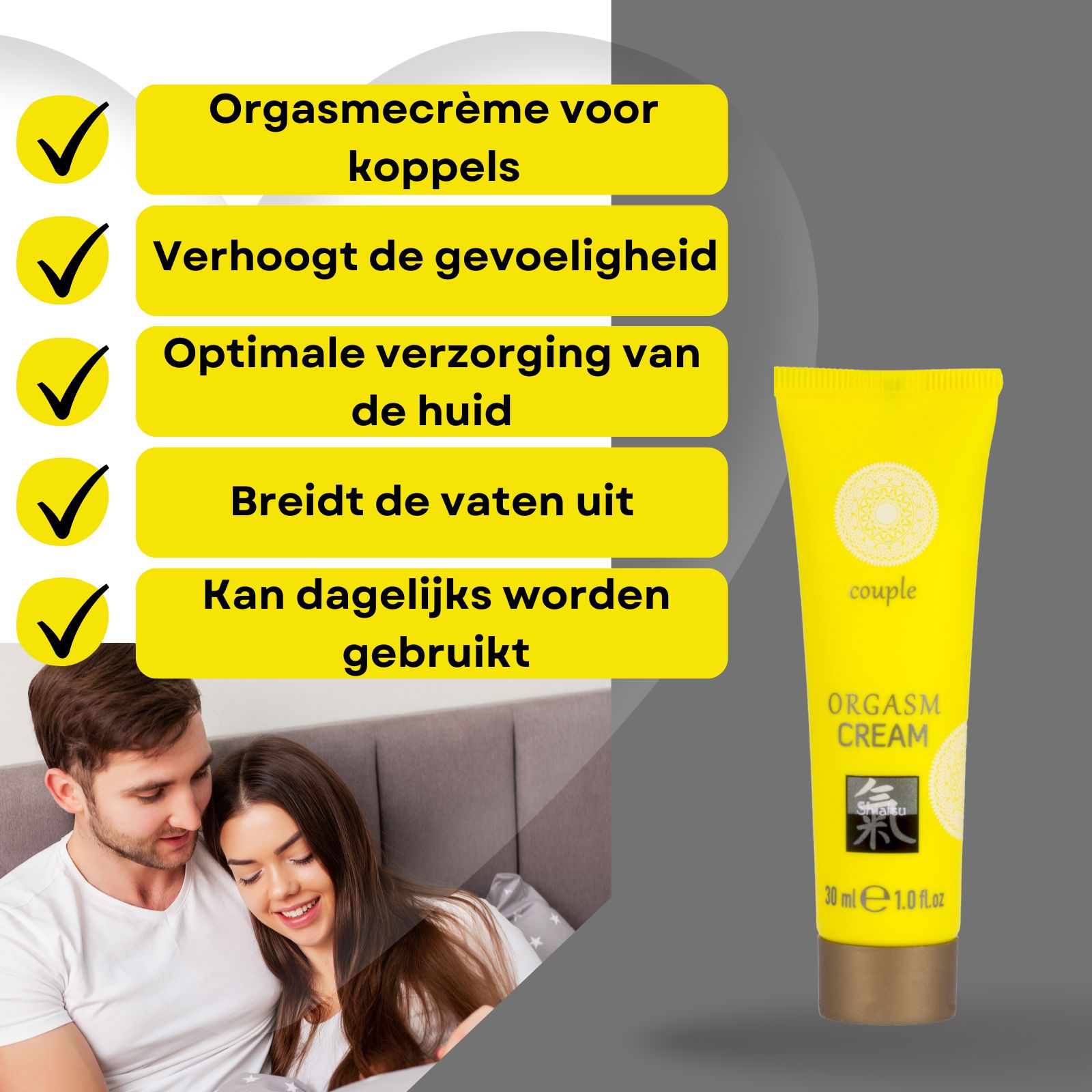 Shiatsu Orgasme Crème voor koppels: Verhoogt gevoeligheid, verzorgt huid, verwijdt vaten.