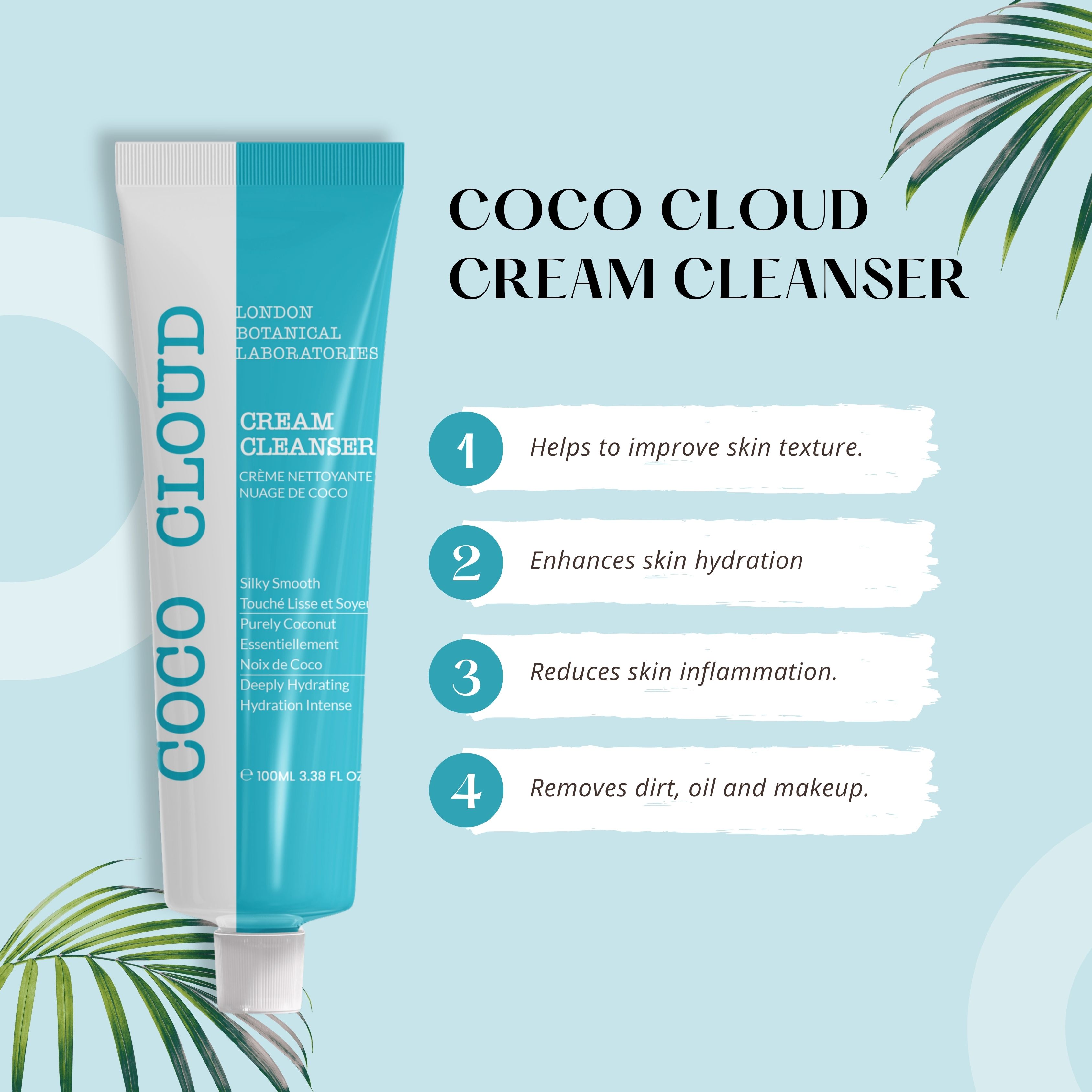 Tube bleu et blanc. Inscriptions : Coco Cloud, Cream Cleanser, London Botanical Laboratories. Texte en anglais et français. Quatre avantages numérotés.