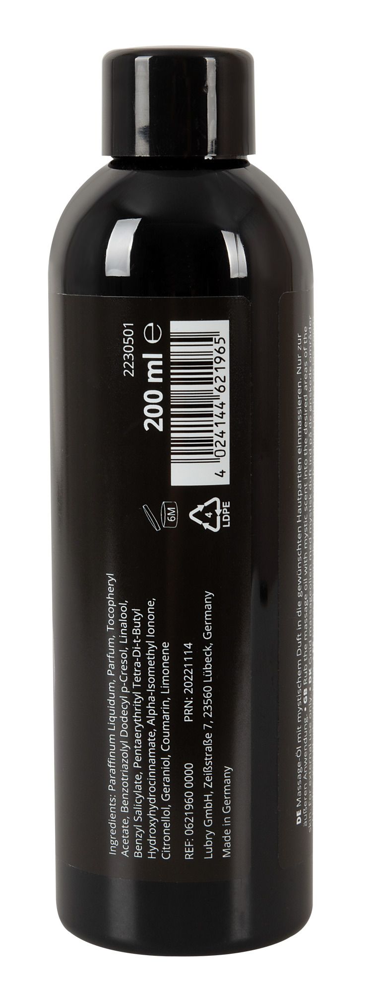 Achterkant van een zwarte fles met vermelding van 200 ml en ingrediënten.