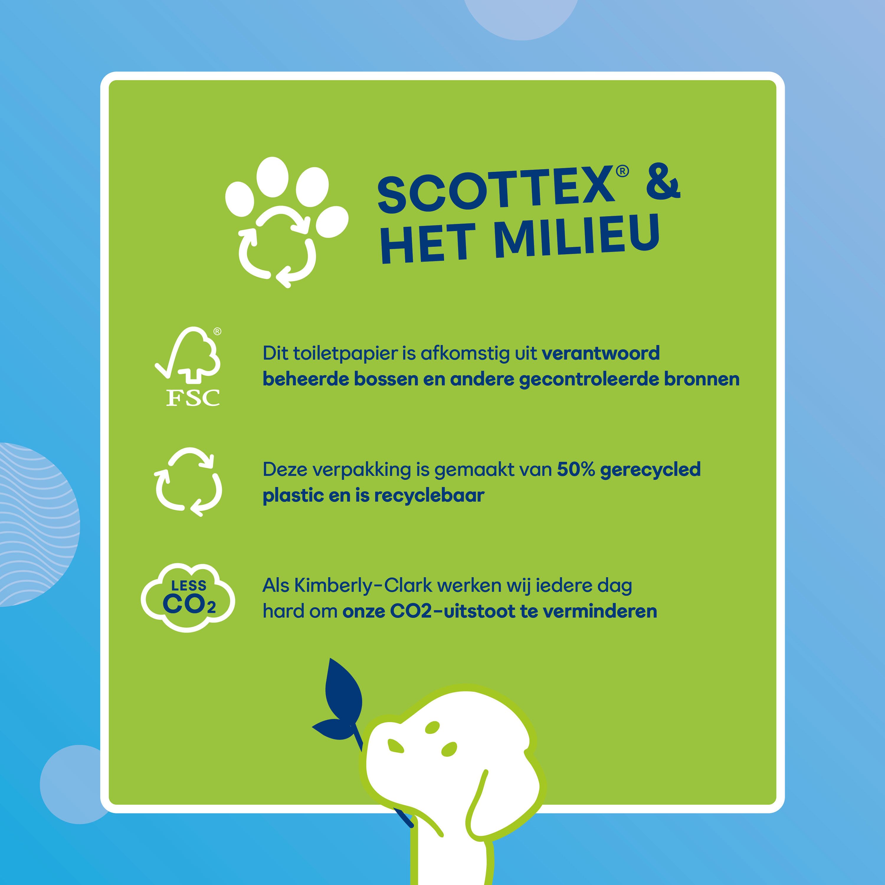Fond vert avec texte sur Scottex et l'environnement. Logo FSC, symbole de recyclage et symbole CO2.